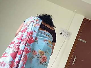Desi bhabhi Saree blouse and bra wearing front of devar