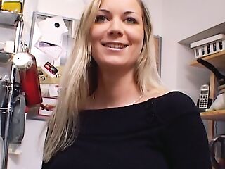 Distinguished German MILF with huge boobs dildoing her shaved spend in the kitchen