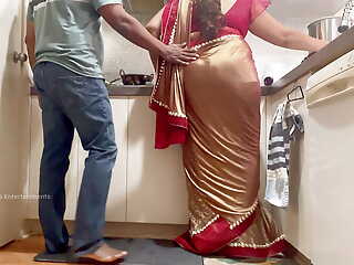 Indian Shore up steady Romance in the Kitchen - Saree Mating - Saree lifted up and Ass Spanked