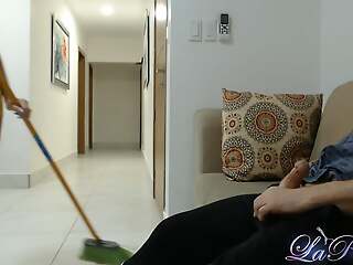 18 years old CFNM, Old pauper self hand job watching young plus sexy cleaning lady