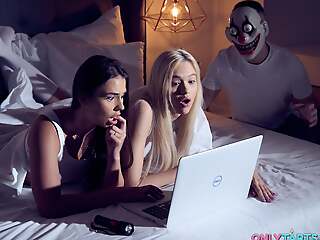 OH FUCK horror movie night leads to hot triple sex