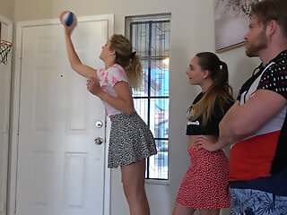 A belt indoor basketball game with two hot girls and 1 lucky dude