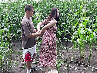 Fucked slutty step sister in threads on cornfield and cummed on her ass