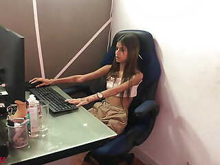 Petite brunette comes to work in will not hear of office but first masturbates very rich